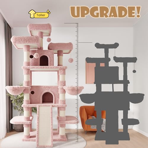 Image of SHA CERLIN 81 Inches Extra Large Cat Tree for Indoor Adult Cats /XXL Big Cat Tower with Condo /Cozy Perches /Sisal Scratching Posts and Hammocks /Activity Center /F80 /Heavy Duty /Pink