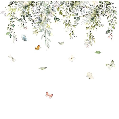 2 Pack Hanging Green Vine Wall Decals, Plants Leaves Birds Stickers for Bedroom Living Room Sofa TV Background Decor