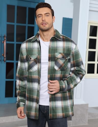 Image of Men's Flannel Jacket Fleece Lined Casual Button Up Plaid Jacket Long Sleeve Sherpa Shacket with Pockets