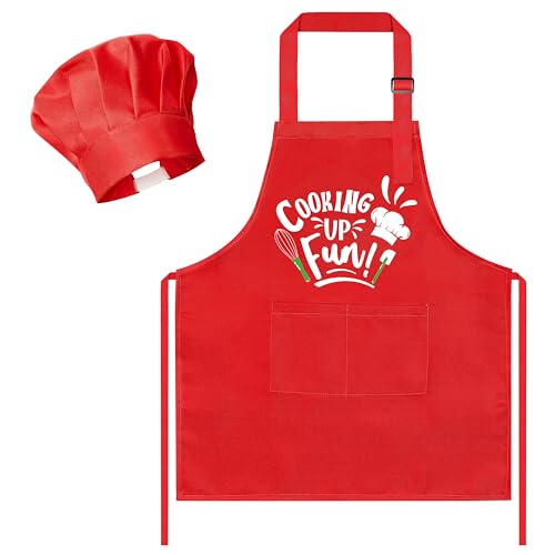 R HORSE Kid Apron and Chef Hat Set 2Pcs Adjustable Red Cooking Children Kitchen Apron, Waterproof Dress up Role Play Chef Toy Funny Cooking Baking Painting and Training Kit for Kid Birthday Party Gift - image 1