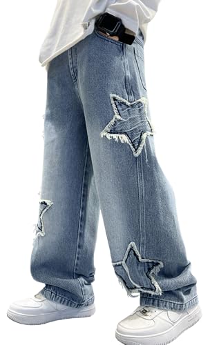 Happy Cherry Boys Baggy Star Denim Pants Pull On Elastic Waist Wide Leg Jeans Loose Vintage Cargo Jeans with Pockets