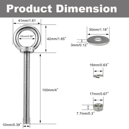 Image of M10 Stainless Steel Eye Bolts with Nuts 4 Pack, M10 x 100mm (3 /8 inch x 4 inch) Long Shoulder Lifting Eye Bolt for Swing Board, Heavy Duty Threaded Ring Screw Eyebolts Kits for Tie Down Straps Outdoor