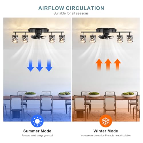 Image of Garwarm 39.3 inch Ceiling Fans with Lights and Remote, Black Fandelier Crystal | Flush Mount Ceiling Fan with 360 Rotatable Lampheads, 6 Speeds,Timing, Reversible DC Motor for Bedroom, Kitchen, Dining Room
