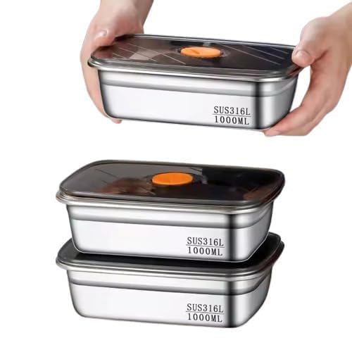 Marve Fridge Storage Box 1000 Ml 316 Stainless Steel Food Storage Containers | Food Grade, Leakproof Kitchen Organizer | Freshness Locking, Microwavable & Freezer Safe, Silver With Lid (3 Pcs)