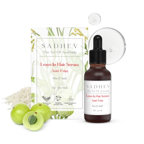 Image of Sadhev Ayurvedic Leave-In Hair Serum - Anti-Frizz Formula with Rice Water & Amla | Smooths & Controls Frizz for Dry, Damaged Hair | Lightweight | For Women & Men | 30ml