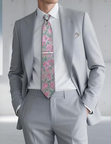 Image of DiBanGu Silk Floral Ties for Men Woven Paisley Necktie and Tie Clip Handkerchief Cufflinks Set for Party Wedding