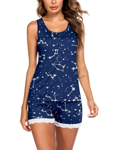Image of Ekouaer Womens Pajama Sets Sleeveless Tank Top and Shorts Pj Set Lace Hem Sleepwear S-XXXL