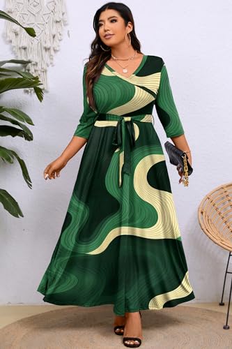 FANDEE Plus Maxi Casual Dress 3/4 Sleeve V-tie Pocket and Belt2