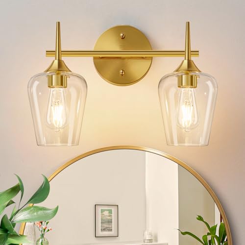Image of MOKATNG 2-Light Bathroom Light Fixtures, Gold Vanity Lights for Bathroom with Clear Glass, Bathroom Lighting Fixtures Over Mirror, Modern Wall lamp for Cabinet Hallway