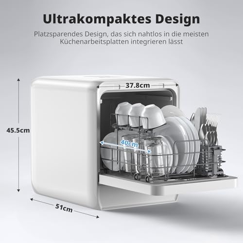 AIRMSEN Tischgeschirrspüler Mini Geschirrspüler mit wassertank klarspüler spülmaschine mit 9 Programme 37 * 50cm Ultra-Schmal & Tief, 1-24H Timer, 360° Doppelspray Schlauch-/Schlauchlos Weiß (Weiß)