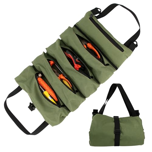 Yesaler Bolsa Enrollable de Oxford con 5 Bolsillos con Cremallera Organizador de Herramientas de Oxford Multiusos para Carpinteros Verde