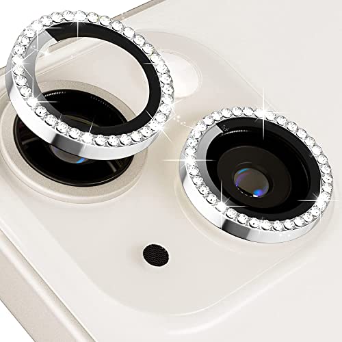 MAYBAL Diamond Camera Lens Protector Compatible for iPhone 14 / iPhone 14 Plus, [ Anti-Scratch ] Premium 9H Tempered Glass Film Aluminum Alloy Lens Ring Cover- Diamond Silver