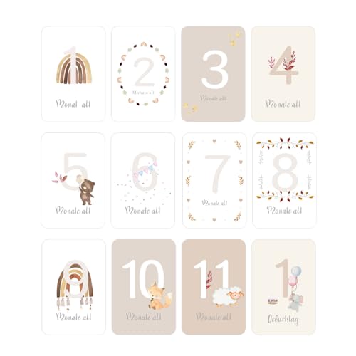 leersao Papier Meilensteinkarten Baby auf deutsch - 12 Meilensteine auf edlem Papier Karten als Geschenk zur Geburt/zur Babyparty für Schwangere werdende Mütter werdende Eltern.