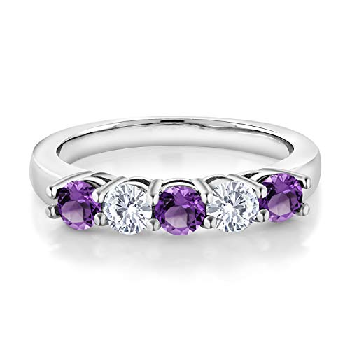 Gem Stone King 925 Sterling Silver Purple Amethyst and White Moissanite 5-Stone Wedding Anniversary Band Ring For Women (0.80 Cttw, Gemstone February Birthstone, Available In Size 5, 6, 7, 8, 9)