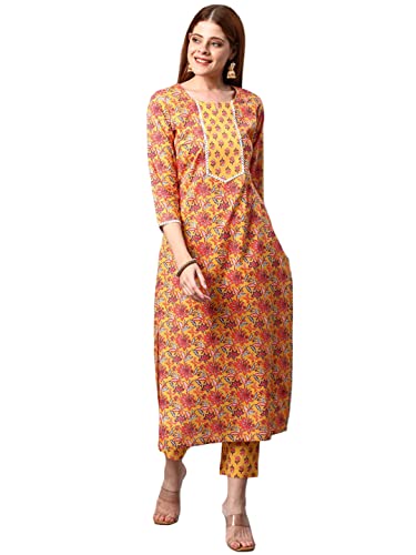 Image of ANNI DESIGNER Women's Cotton Blend Printed Straight Kurta With Pant