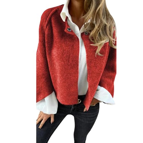 Women's Round Neck Woolen Long Sleeve Coat,Cropped Soft Warm Button Cardigan Jacket,Winter Fuzzy Button Cardigan