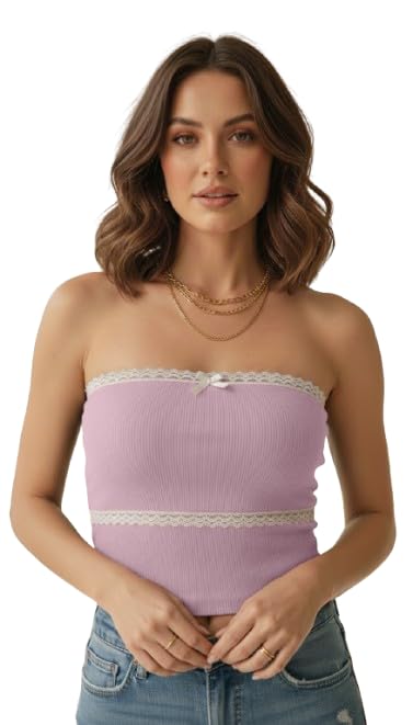 TIVANTE Solid Lace Trim Tube Top for Women with Bow Detailing || Crop Tops for Woman || Y2k Tops-image-46