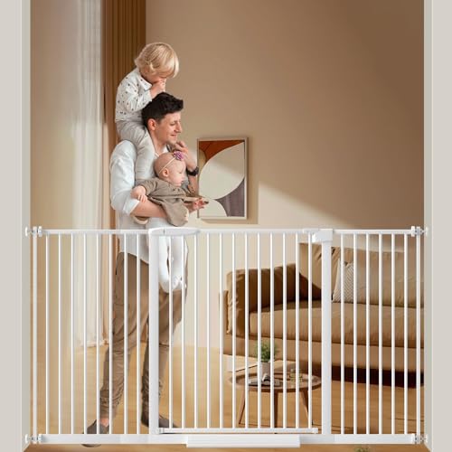 Image of DEARBB Extra Wide Baby Gate Ultra Narrow Spacing 30.11-77.36 inch Pressure Mounted Double Lock Swing Auto Close Walk Through Metal Safety Pet Gate for Stairs and House Doorway Kitchen