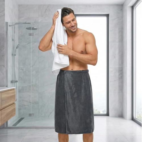 Saunakilt Herren mit Taschen 70x140 cm, Verstellbares Saunatuch mit Druckknopf & Elastischem Bund, Rutschfest & Schnelltrocknend, Saunahandtuch für Sauna, Fitnessstudio, Dusche, Spa & Strand (Grau)