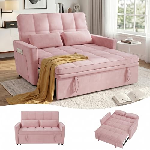 tiramisubest 54 Sleeper Sofa Bed Convertible Pull Out Couch Futon for for Living Room Apartment (Pink Loveseat) Side Pockets Velvet Fabric Adjustable Backrest Pull-Out Bed Easy Assembly