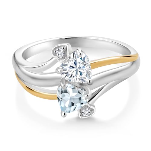 Gem Stone King 925 Silver and 10K Yellow Gold Sky Blue Aquamarine 2 Heart Promise Couple Engagement Mother Lab Grown Diamond Ring Set with Moissanite (0.85 Cttw)2
