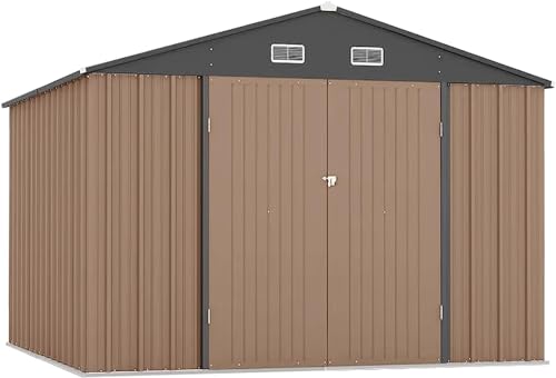 Zstar 10 x 8 FT Outdoor Storage Shed, Metal Steel Shed Storage House with Updated Frame Structure & Lockable Door, Waterproof Garden Steel for Backyard, Garden, Lawn, Patio, Brown