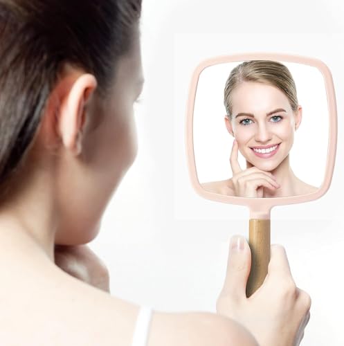 Image of Wood Handle Mirror Square 25x13 cm | Portable HD Grooming & Makeup Mirror | Eco‑Friendly Plastic Frame | Travel & Shaving Handy Mirror (1, Square)