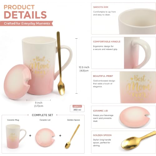 Image of ZAICUS Best Mom Ever Coffee Mug with Lid & Spoon, Ceramic Gift for Mother | Perfect for Coffee, Tea & Daily Use | Perfect Mother's Day & Birthday Gift