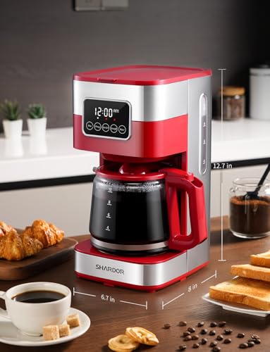 Image of SHARDOR 10-Cup Programmable Coffee Maker, Regular & Strong Brew Drip Coffee Machine for Home and Office, Auto Shut Off, Permanent Filter (red)