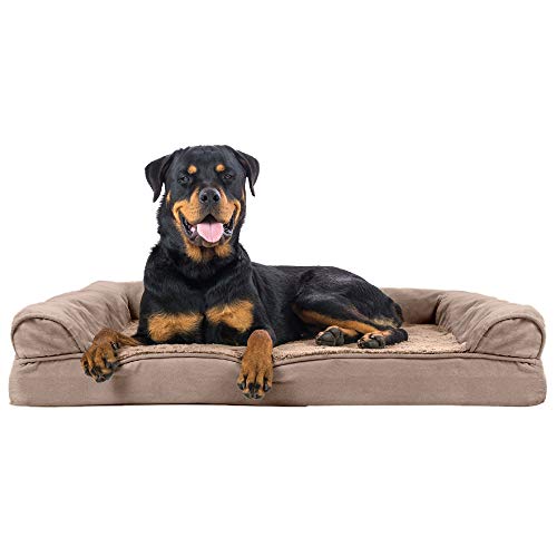 Image of Furhaven Orthopedic Dog Bed for Large Dogs w / Removable Bolsters & Washable Cover, For Dogs Up to 95 lbs - Plush & Suede Sofa - Almondine, Jumbo /XL