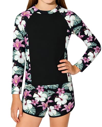 Image of Girls Rash Guard Long Sleeve Swimsuit 2 Piece Bathing Suit UPF 50+ Summer Beach Swimwear for Girl 5-14 Years