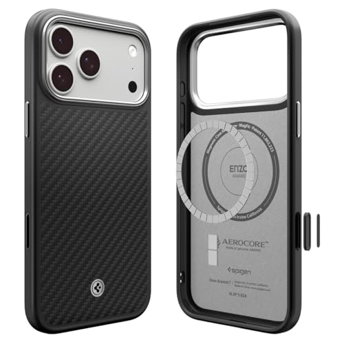 Image of Spigen Enzo Aramid T MagFit Back Cover Case Compatible with iPhone 17 Pro (Aramid | Black Silver)