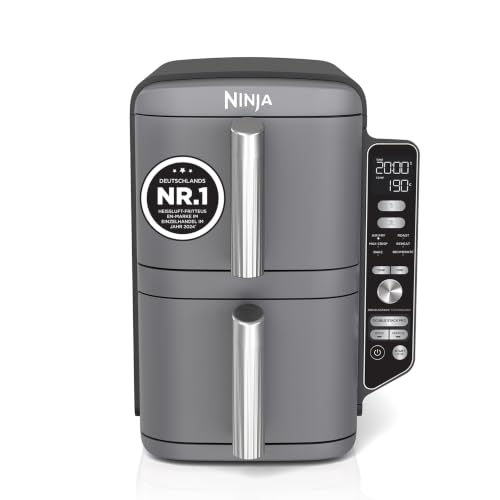 Ninja Double Stack XL Air Fryer Heißluftfritteuse, 9,5L Airfryer, Doppelkorb-Heißluftfritteuse mit 4 Kochstufen, 2 Körben, 2 Rosten, platzsparendes Design, 6 Kochfunktionen, 8 Portionen, Grau SL400EU