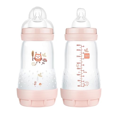 Image of MAM Easy Start Matte Anti-Colic Baby Bottles, 9 oz (2 Count), Medium Flow Nipples, Baby Girl,2 Count (Pack of 1)