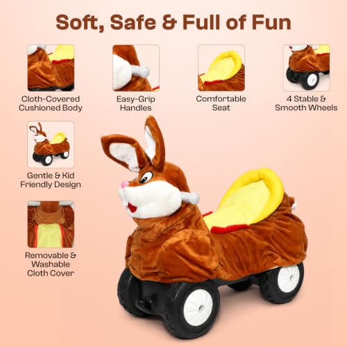Image of Toyzone Little Soft Rabbit Ride on | Cloth-Covered Ride On Toy with Wheels | Back Support | Indoor & Outdoor Ride-On for Toddlers 1-4 Years