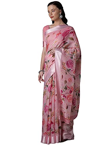 Image of AKHILAM Women's Cotton Silk with Satin Patta Printed Saree with Unstitched Blouse Piece(Light Pink F0PREMA108)
