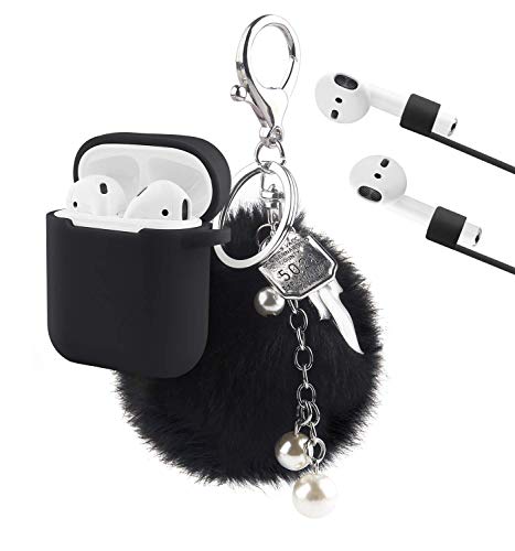 Estuche de AirPods, KMMIN Silicona Funda con Airpods Puños de Gancho para la Oreja/Anti-Lost Lindo Llavero pompón Mullido Accesorios Prueba de Agua Cubierta para Apple Airpod Estuche de Carga 1 y 2