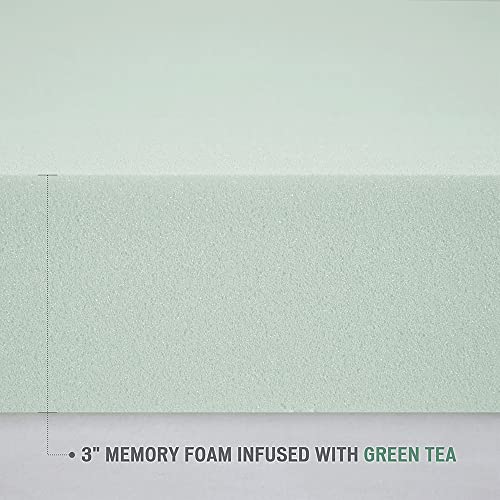 Clean Spaces 3 Inch Green Tea Infused Memory Foam Pad Mattress Topper With Removable & Machine- Washable Rayon (From Bamboo) Cooling -Cover, Luxurious All Season Enhanced -Bed Support, Full Green #TOP5