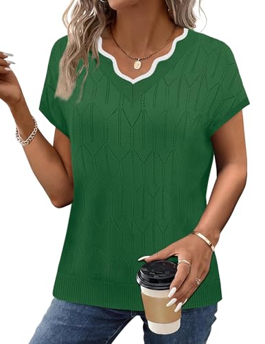 Image of WIHOLL Womens Summer Tops Cap Sleeve Sweater V Neck Shirts Beach Vacation Clothes Business Casual Fashion Clothing