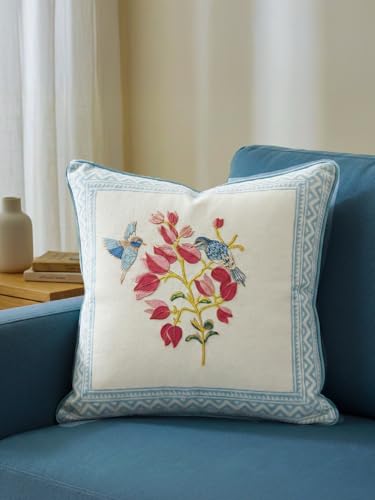 Image of Bougainvillea Hand Block Print 100% Cotton Fabric Cushion Covers 16 x 16 Inches | Decorative Throw Pillow Covers for Sofa, Bed & Living Room | Soft & Durable Jaipuri Cushion Cover | Set of 2