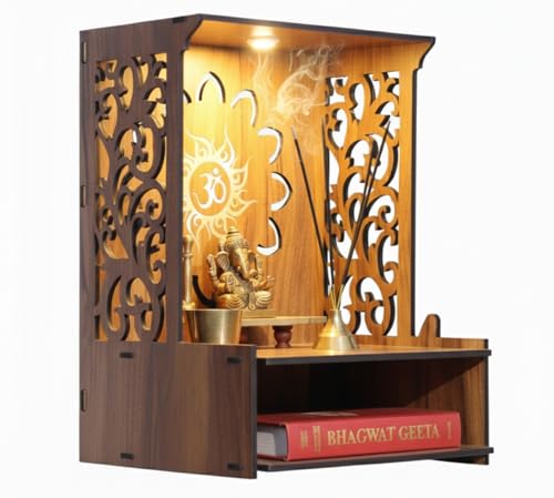 Image of Royal Walnut Finish Wooden Pooja Mandir | Wall Mounted Home Temple with LED Lights & Spacious Storage | Premium Handcrafted Puja Unit (37.5 * 29 * 25 CM) (Large) A3