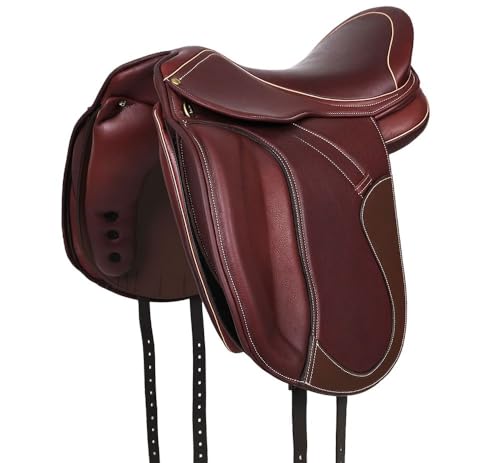 A&M Reitsport Selle de dressage 1146 en cuir, tête interchangeable, arbre en polyflex, marron/beige, taille : 17,5