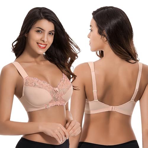 Image of Curve Muse Plus Size Minimizer Unlined Wireless Bra with Lace Embroidery-3Pack-Sage,Nude,Blush-34B