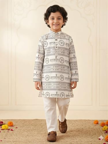 Image of AJ DEZINES Boys Cotton Full Sleeve Letter Printed Kurta Pajama Set for Kids - Ethnic wear | Special Occasion & Traditional Outfit |Boys Kurta Set - Regular Fit
