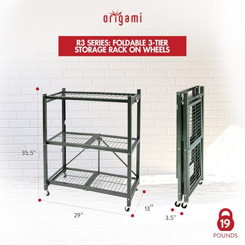Image of Origami 2 Pack 3 Tier Folding Shelves, Storage Shelving Rack Unit with Wheels, Pewter