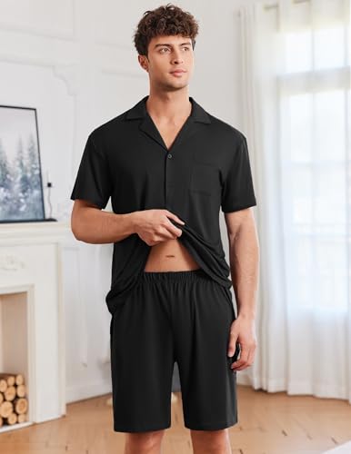Ekouaer Mens Pajamas Set Short Sleeve Sleepwear Button Down Soft Loungewear 2 Piece Pj Shorts Sets with Pockets3