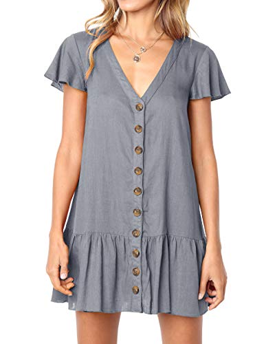 Image of Imysty Womens Polka Dot V Neck Button Down Ruffles Loose Mini Short T-Shirt Dress
