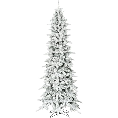 Fraser Hill Farm 6.5-Ft Slim Mountain Pine Flocked Artificial Christmas Tree with Stand, Unlit Foldable Skinny Fake Tree with Realistic Snowy Foliage, Holiday Décor Greenery for Winter Decoration