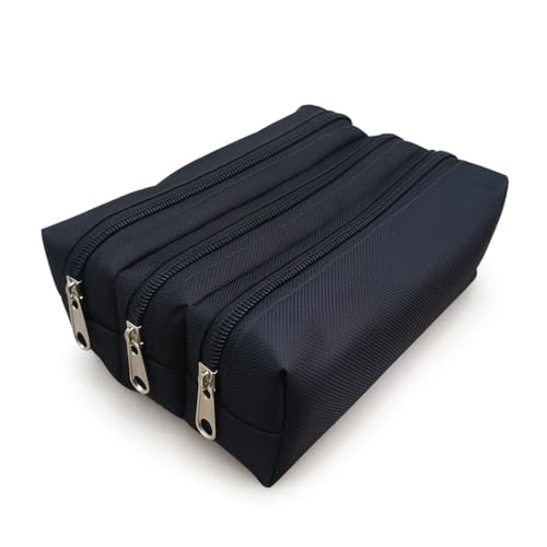 Estojo Escolar Triplo com 3 Zíperes Organizador para Lápis e Canetas em Poliéster Reforçado Preto com 3 Compartimentos Grande para Material Escolar Masculino e Feminino (Preto)