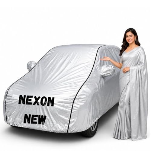 Image of Waterproof Car Body Cover for Nexon New All Weather Protection Comes with Inner Cotton Lining & Triple Stitched with Mirror & Antenna Pocket Belt & Elastic Fit Metallic Silver with Black Piping
